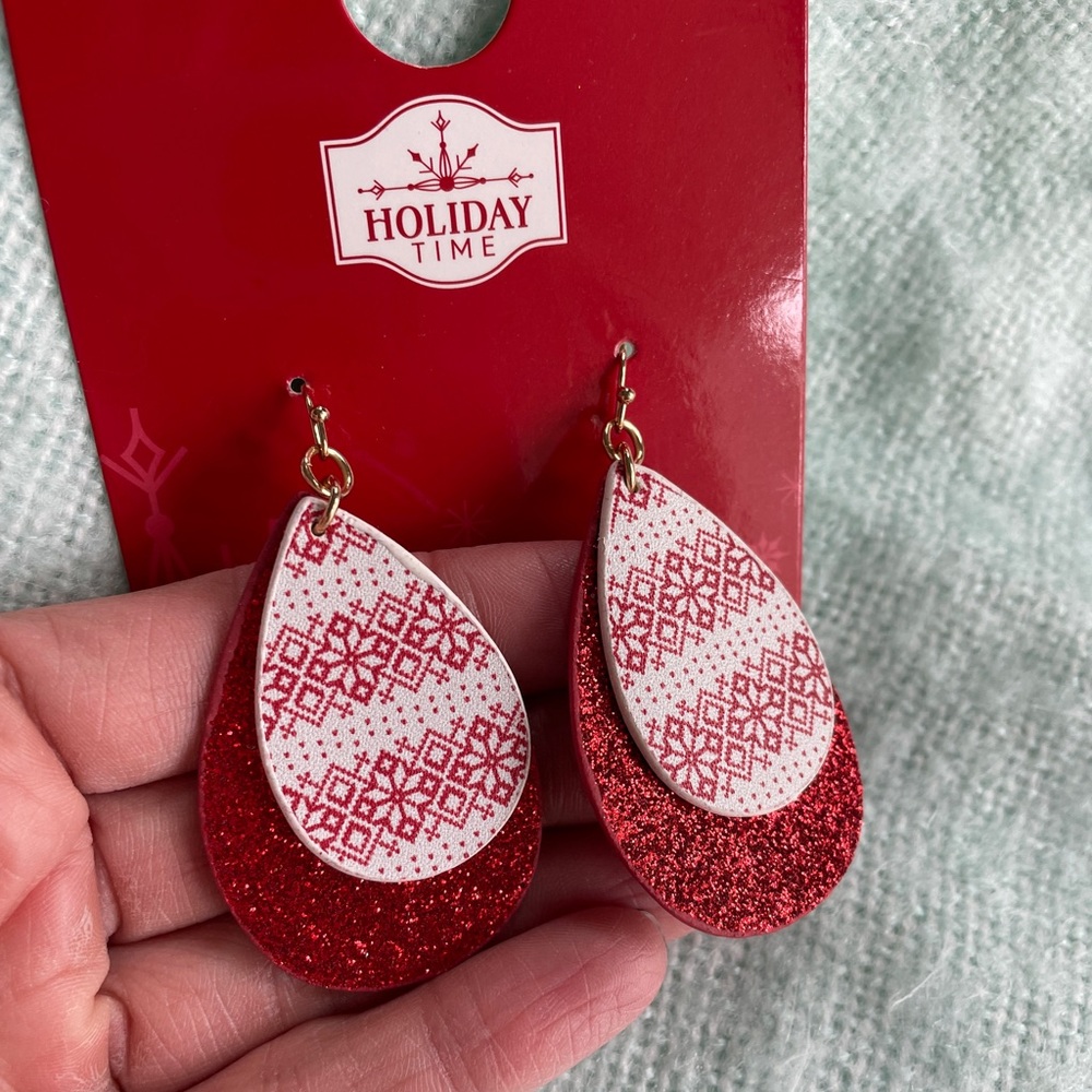Holiday Time Fair Isle Red White Double Tier Glitter Teardrop Dangle Earrings - Picture 2 of 9